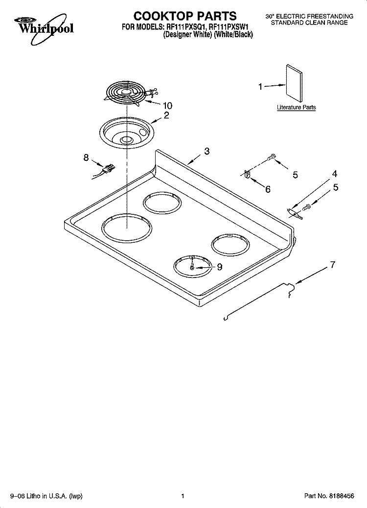 COOKTOP PARTS Diagram and Parts List for RF111PXSQ1  Whirlpool Range