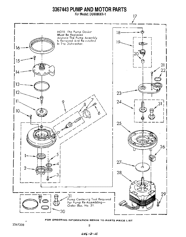 3367443 PUMP AND MOTOR Diagram and Parts List for DU6000XR1  Whirlpool Dishwasher