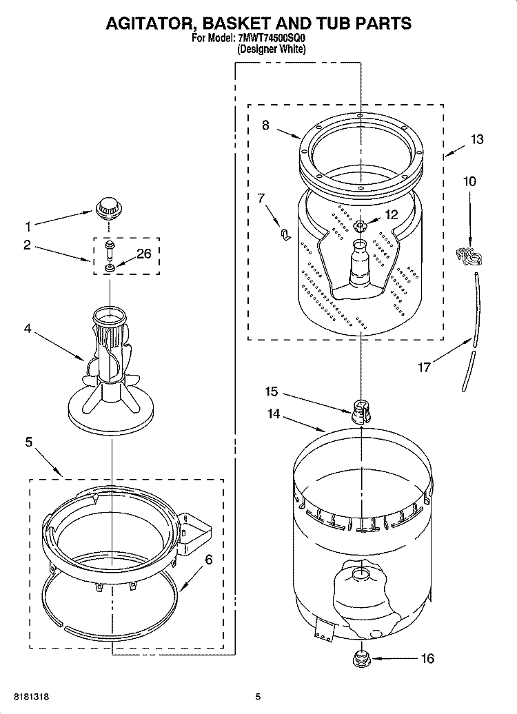 AGITATOR, BASKET AND TUB PARTS Diagram and Parts List for 7MWT74500SQ0  Whirlpool Washer