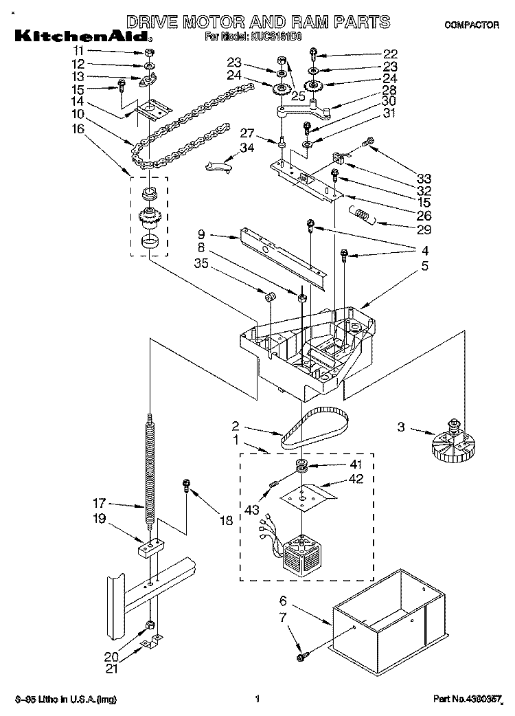 DRIVE MOTOR AND RAM, LITERATURE Diagram and Parts List for KUCS181D0  KitchenAid Trash Compactor