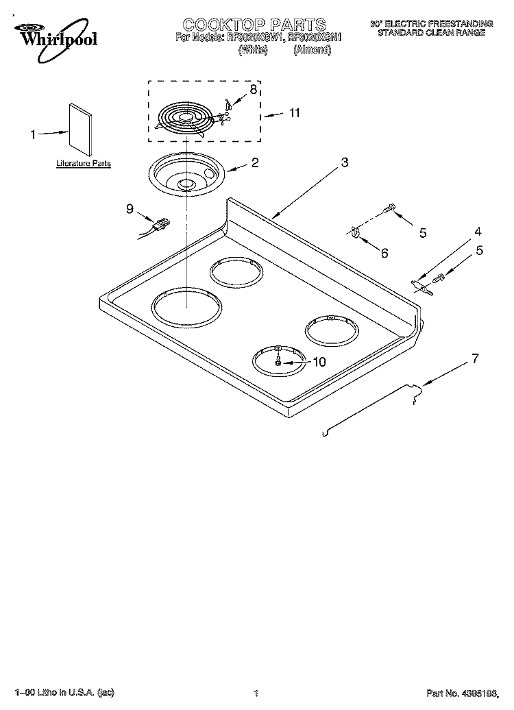 COOKTOP, LITERATURE Diagram and Parts List for RF3020XGW1  Whirlpool Range
