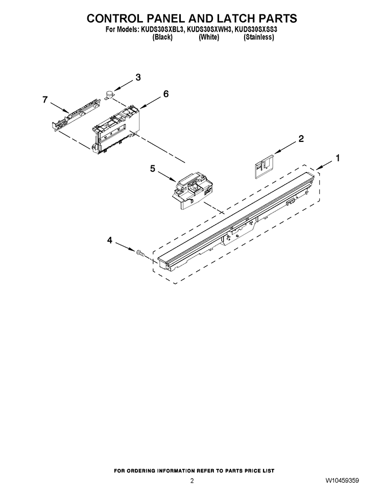 CONTROL PANEL AND LATCH PARTS Diagram and Parts List for KUDS30SXBL3  KitchenAid Dishwasher