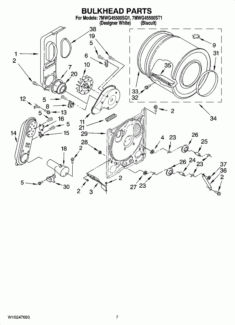 BULKHEAD PARTS, OPTIONAL PARTS (NOT INCLUDED) Diagram and Parts List for 7MWG45500ST1  Whirlpool Dryer