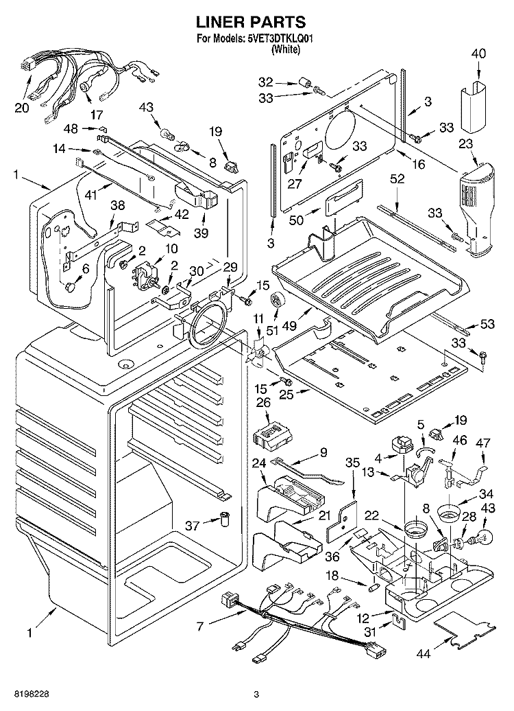 LINER Diagram and Parts List for 5VET3DTKLQ01  Whirlpool Refrigerator