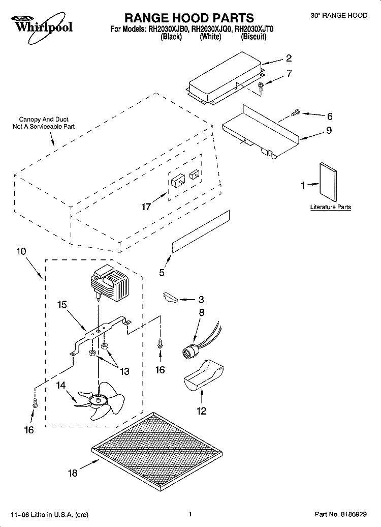 RANGE HOOD PARTS Diagram and Parts List for RH2030XJB0  Whirlpool Range Hood