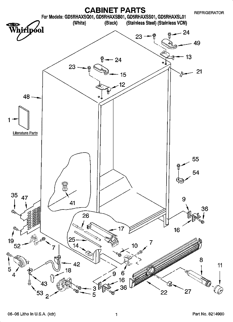 CABINET PARTS Diagram and Parts List for GD5RHAXSS01  Whirlpool Refrigerator
