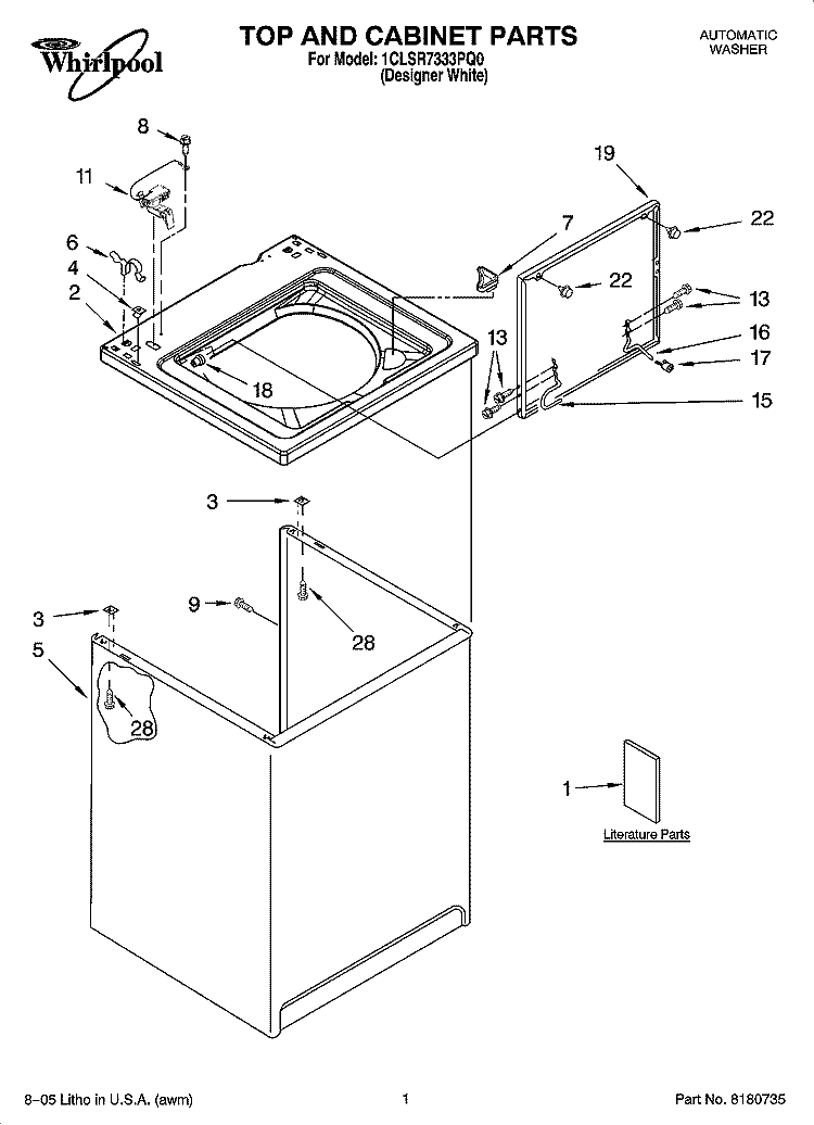 TOP AND CABINET PARTS Diagram and Parts List for 1CLSR7333PQ0  Whirlpool Washer