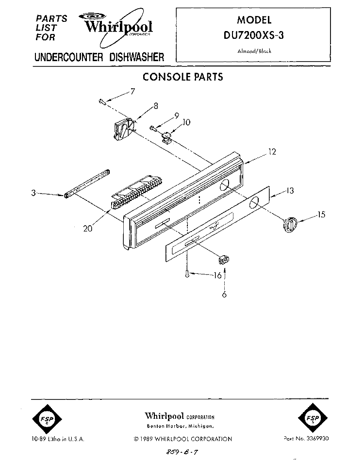CONSOLE Diagram and Parts List for DU7200XS3  Whirlpool Dishwasher
