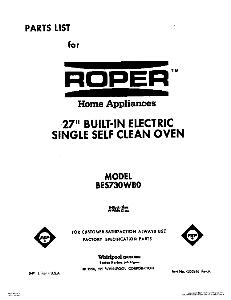 COVER Diagram and Parts List for BES730WW0  Whirlpool Wall Oven