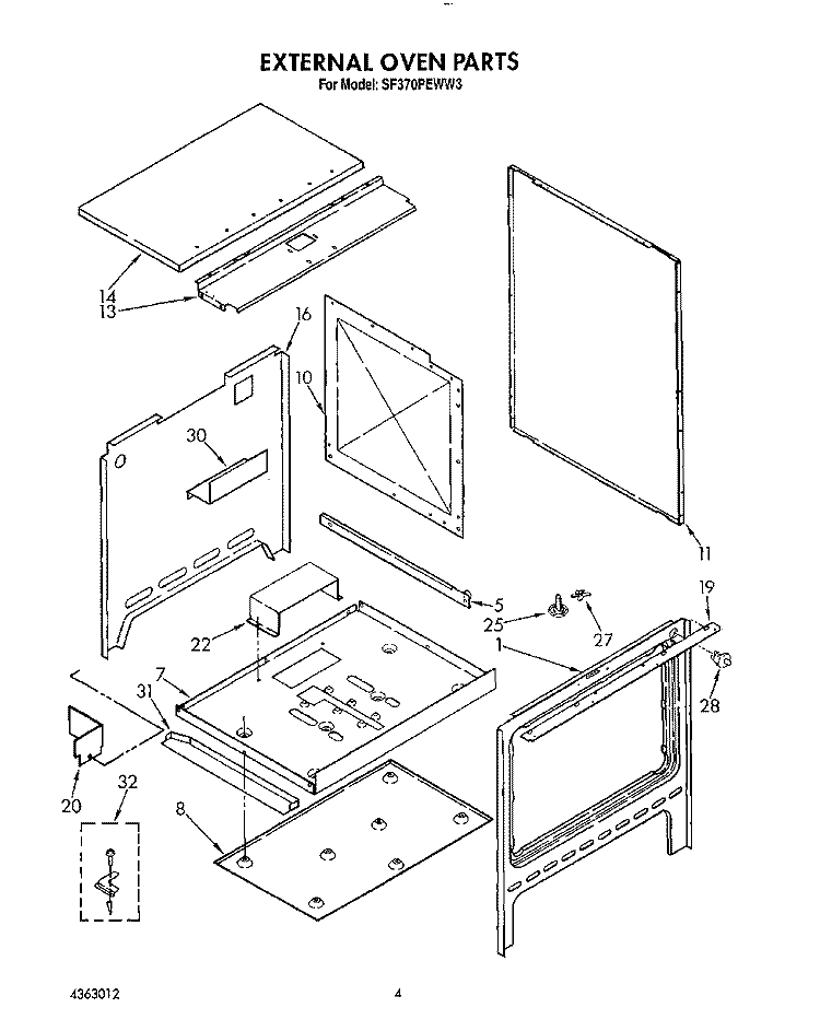 EXTERNAL OVEN Diagram and Parts List for SF370PEWW3  Whirlpool Range