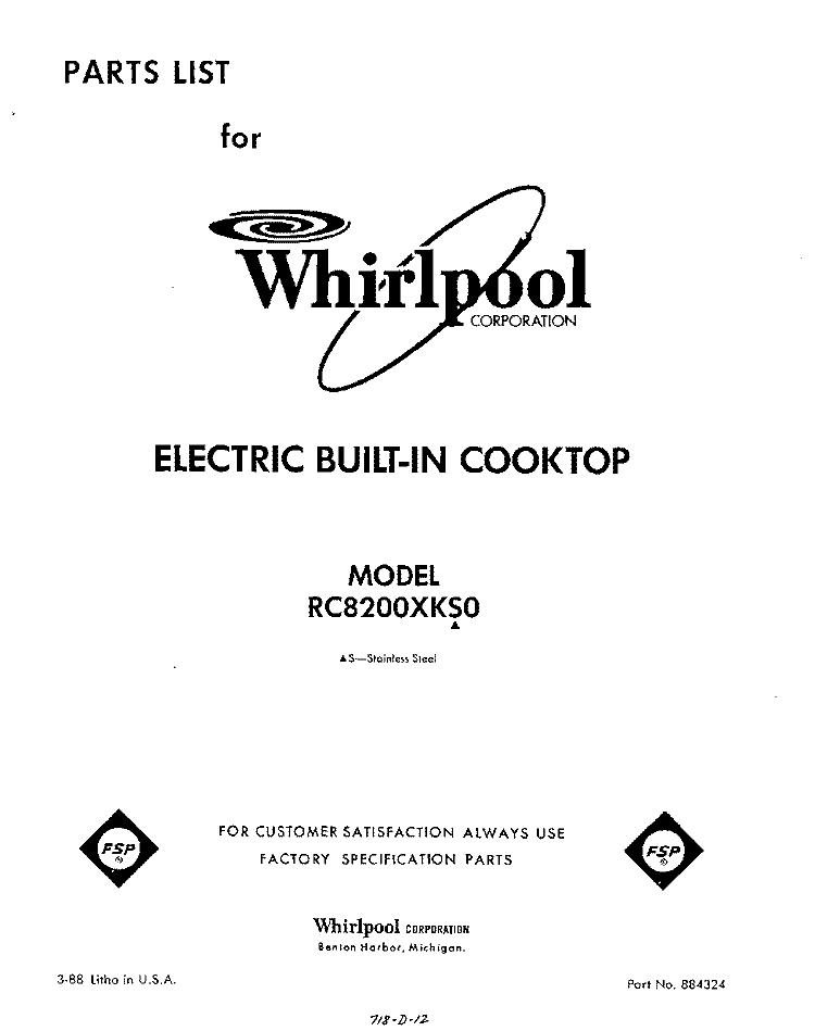SECTION Diagram and Parts List for RC8200XKS0  Whirlpool Cooktop