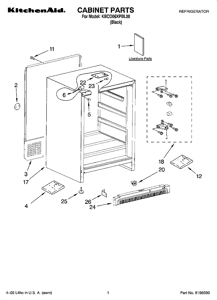 CABINET PARTS Diagram and Parts List for KBCO06XPBL00  KitchenAid Refrigerator