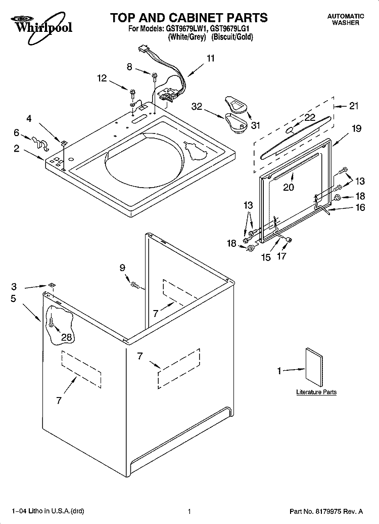 TOP AND CABINET PARTS Diagram and Parts List for GST9679LG1  Whirlpool Washer