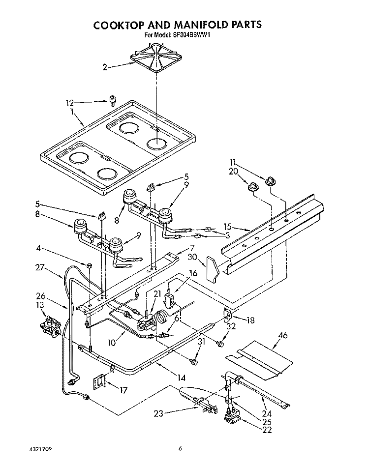 COOKTOP AND MANIFOLD, LIT/OPTIONAL Diagram and Parts List for SF304BSWW1  Whirlpool Range