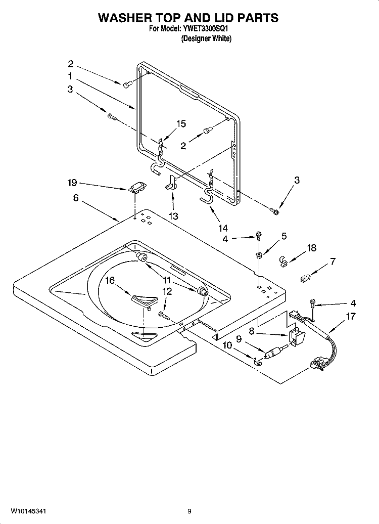 WASHER TOP AND LID PARTS Diagram and Parts List for YWET3300SQ1  Whirlpool Washer Dryer Combo