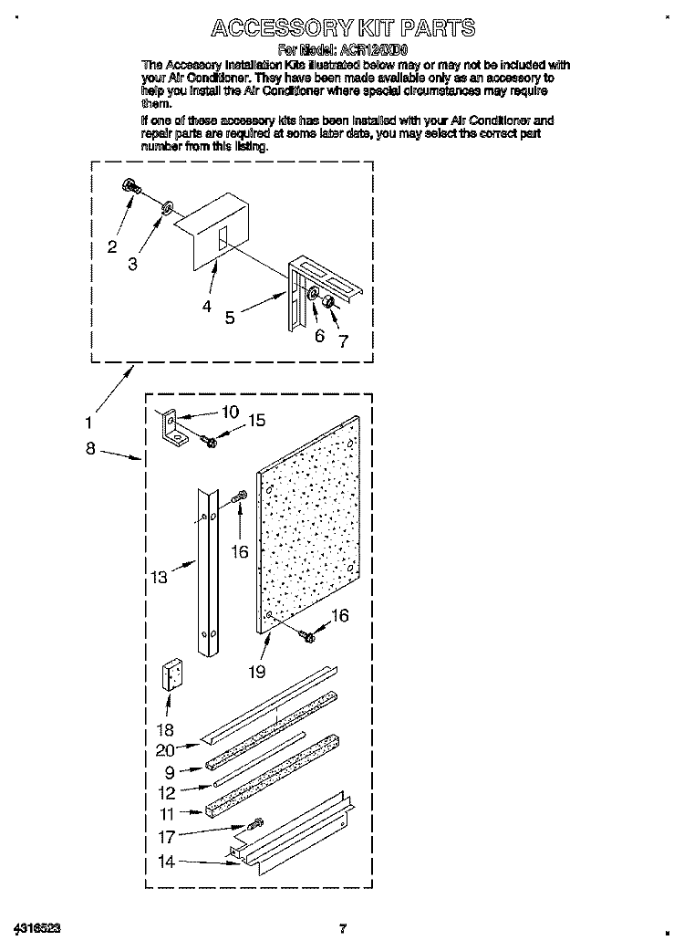 ACCESSORY KIT Diagram and Parts List for ACR124XD0  Whirlpool Air Conditioner