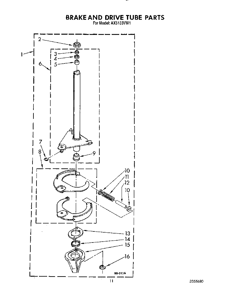 BRAKE AND DRIVE TUBE Diagram and Parts List for AX5133VG1  Whirlpool Washer