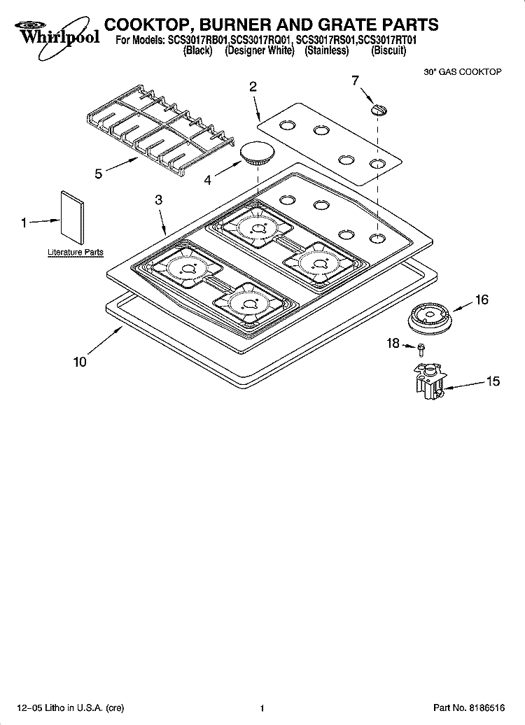 COOKTOP, BURNER AND GRATE PARTS Diagram and Parts List for SCS3017RQ01  Whirlpool Cooktop