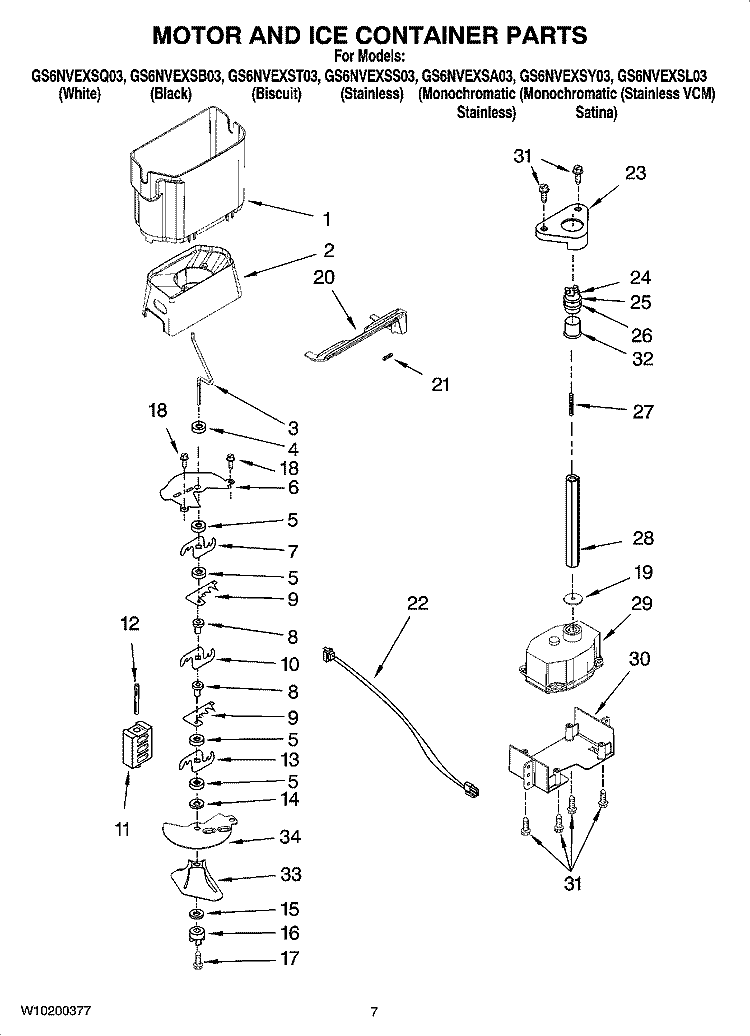 MOTOR AND ICE CONTAINER PARTS Diagram and Parts List for GS6NVEXST03  Whirlpool Refrigerator