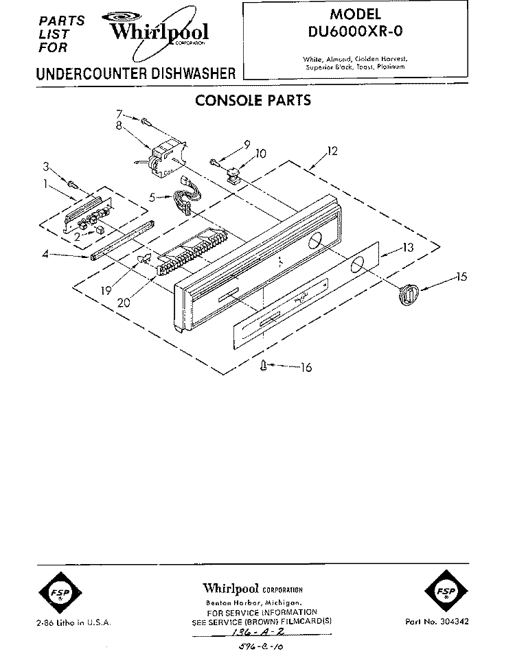 CONSOLE Diagram and Parts List for DU6000XR0  Whirlpool Dishwasher