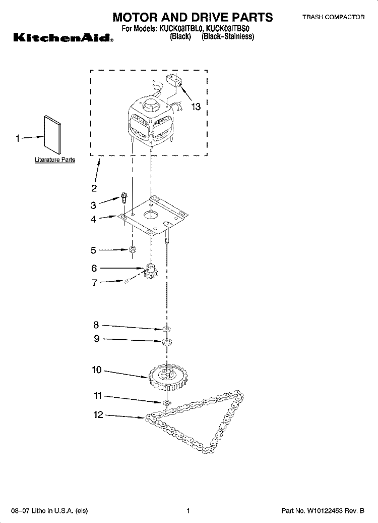 MOTOR AND DRIVE PARTS Diagram and Parts List for KUCK03ITBS0  KitchenAid Trash Compactor