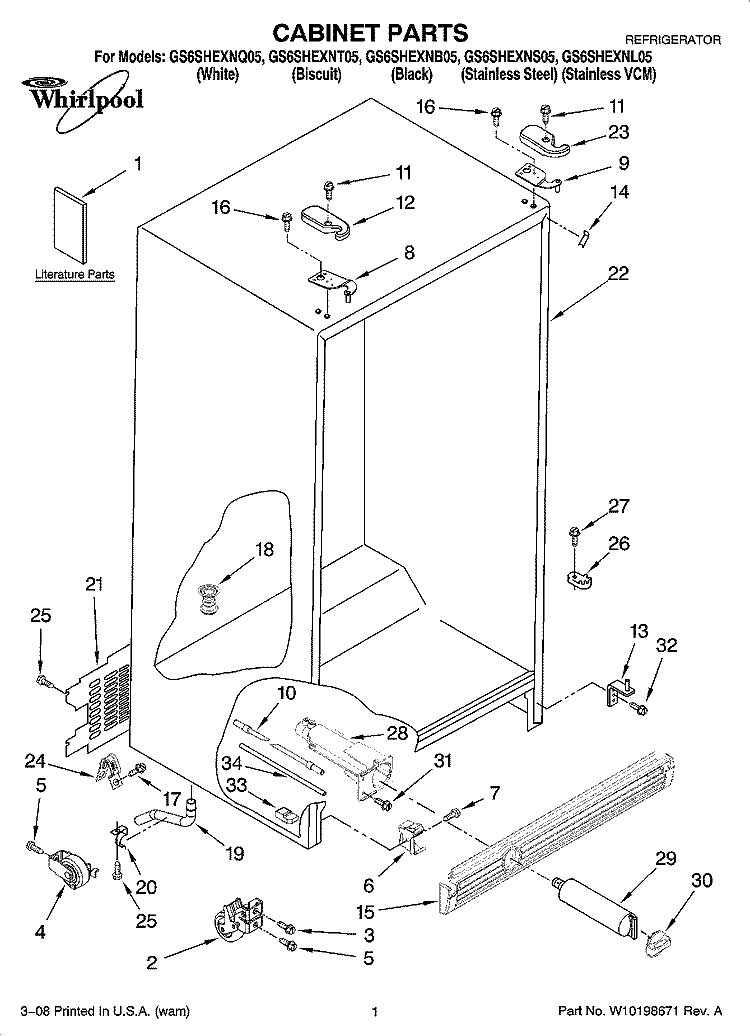 CABINET PARTS Diagram and Parts List for GS6SHEXNB05  Whirlpool Refrigerator