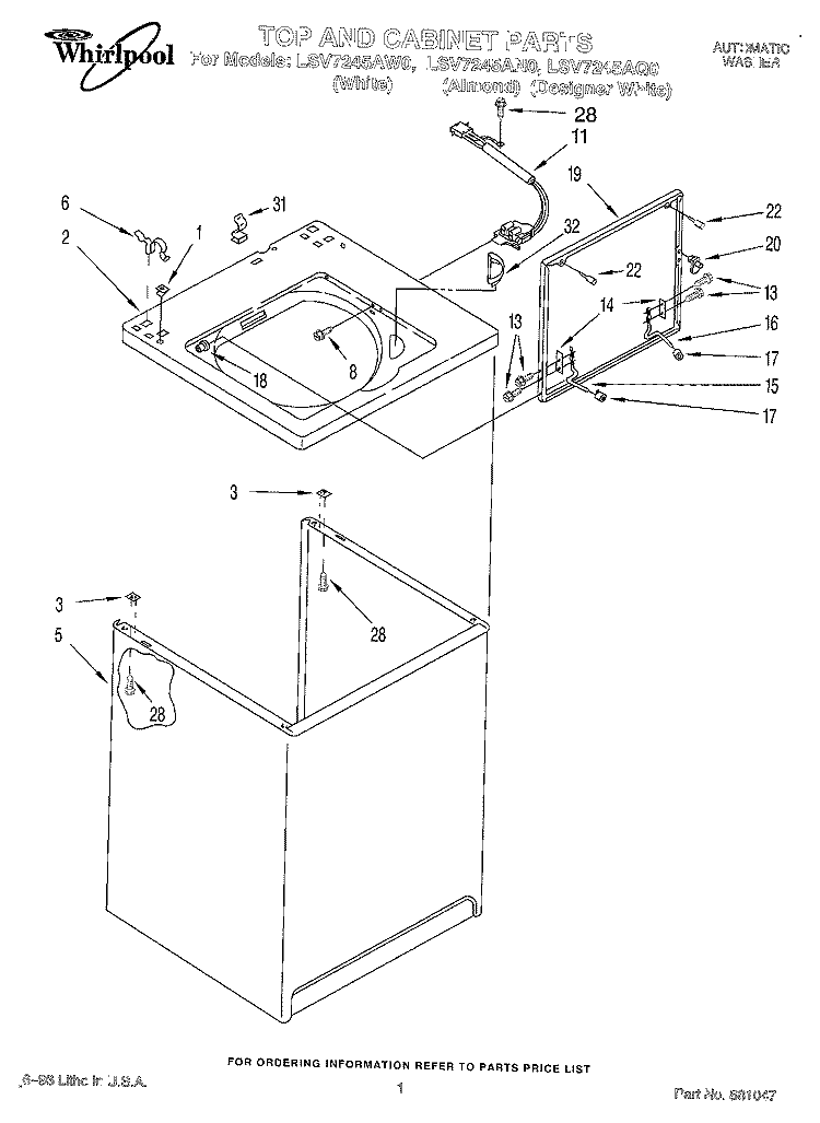 TOP AND CABINET, LIT/OPTIONAL Diagram and Parts List for LSV7245AW0  Whirlpool Washer