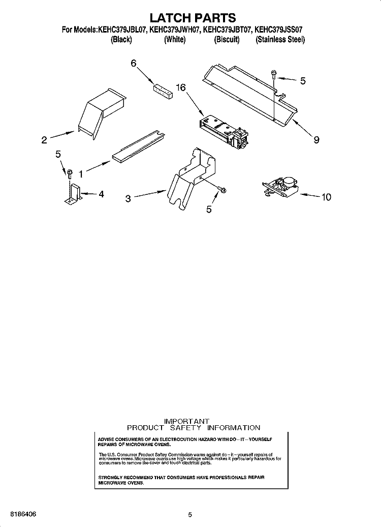 LATCH PARTS Diagram and Parts List for KEHC379JSS07  KitchenAid Microwave Oven Combo