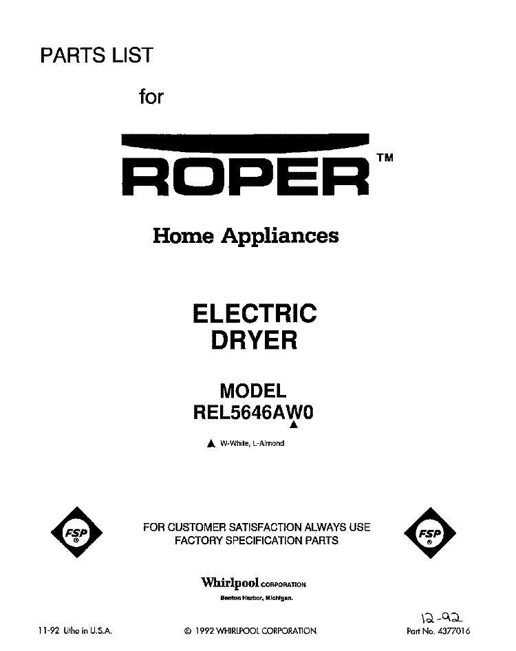SECTION Diagram and Parts List for REL5646AW0  Roper Dryer