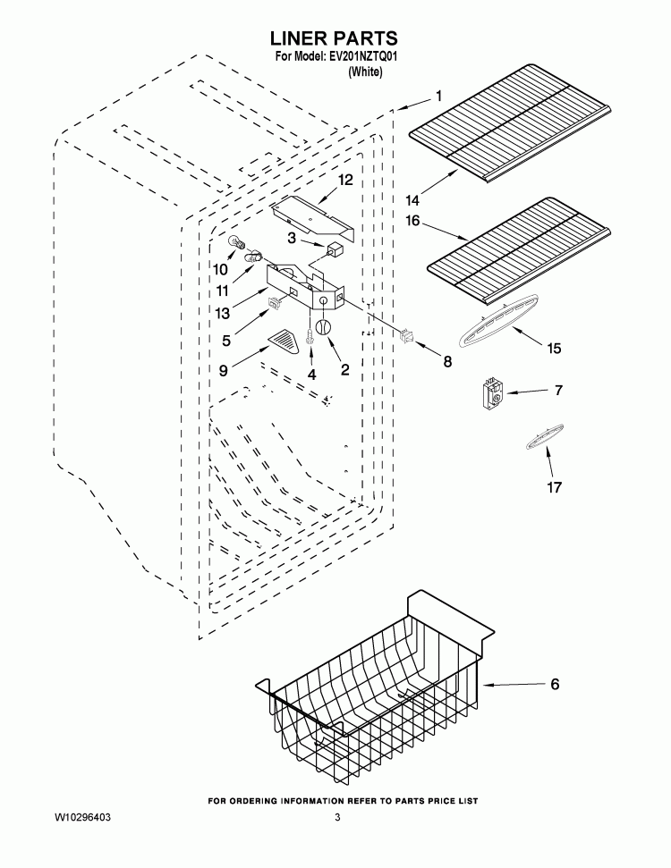 LINER PARTS Diagram and Parts List for EV201NZTQ01  Whirlpool Freezer