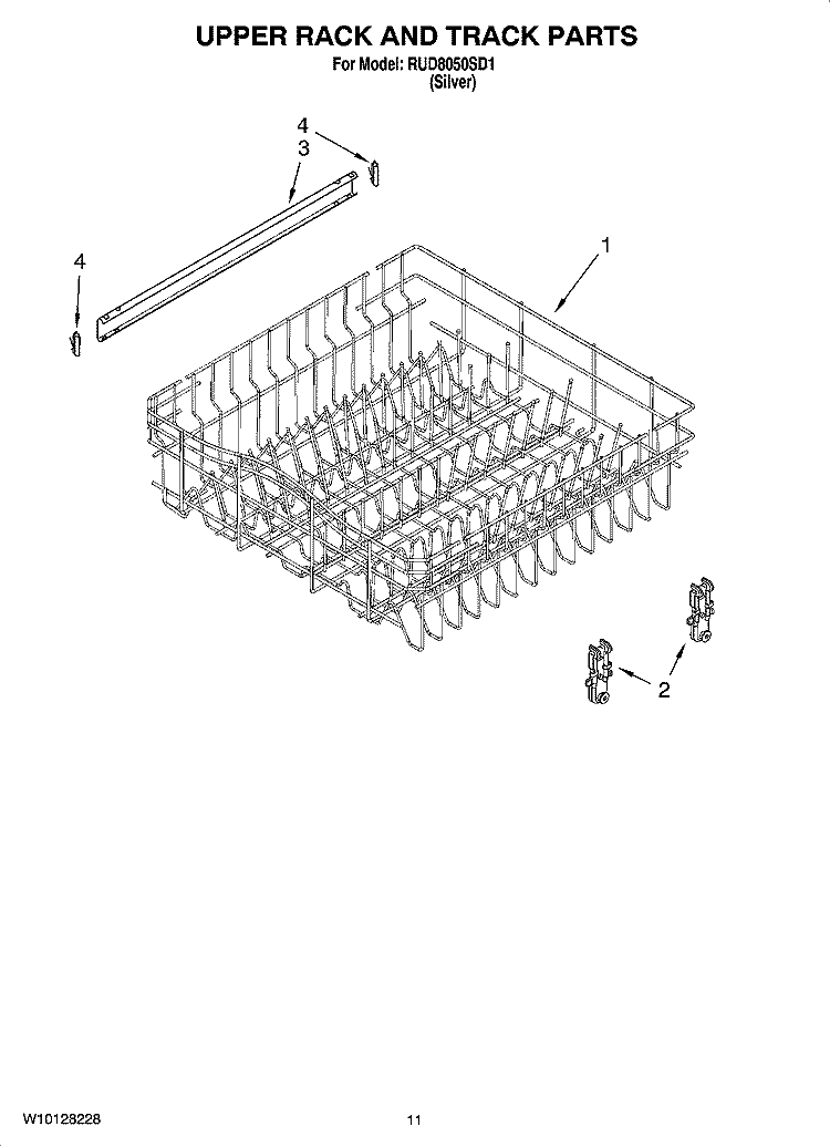 UPPER RACK AND TRACK PARTS Diagram and Parts List for RUD8050SD1  Roper Dishwasher