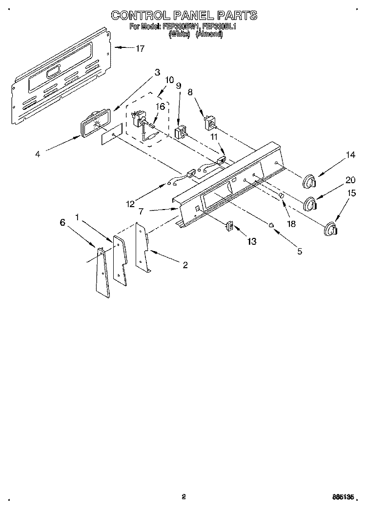 CONTROL PANEL Diagram and Parts List for FEP330BW1  Roper Range