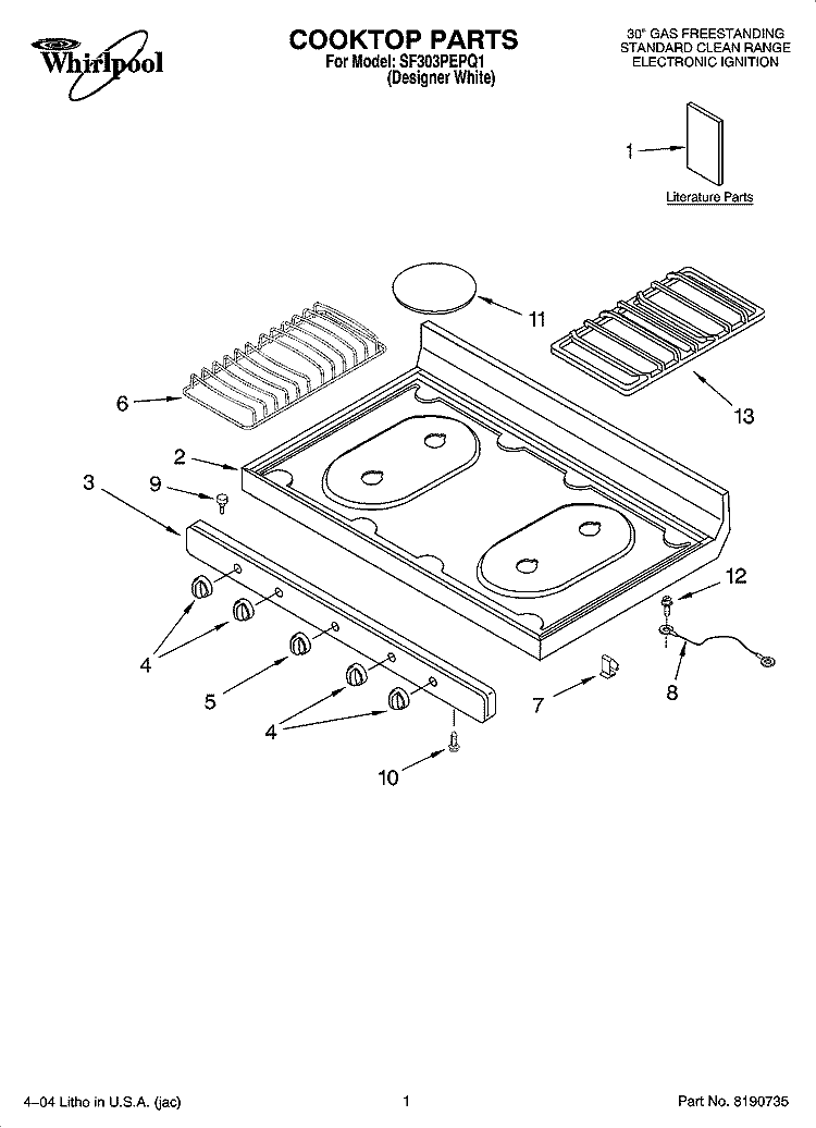 COOKTOP PARTS Diagram and Parts List for SF303PEPQ1  Whirlpool Range