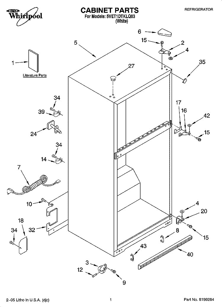 CABINET PARTS Diagram and Parts List for 5VET1DTKLQ03  Whirlpool Refrigerator