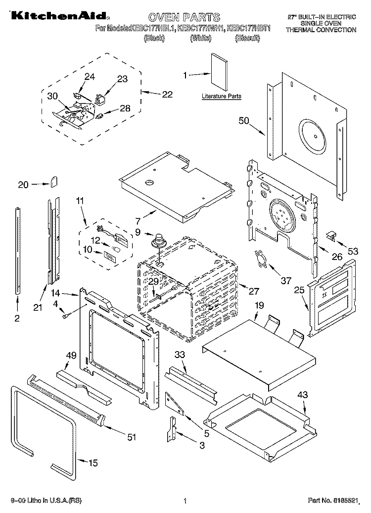 OVEN, LITERATURE Diagram and Parts List for KEBC177HBT1  KitchenAid Wall Oven