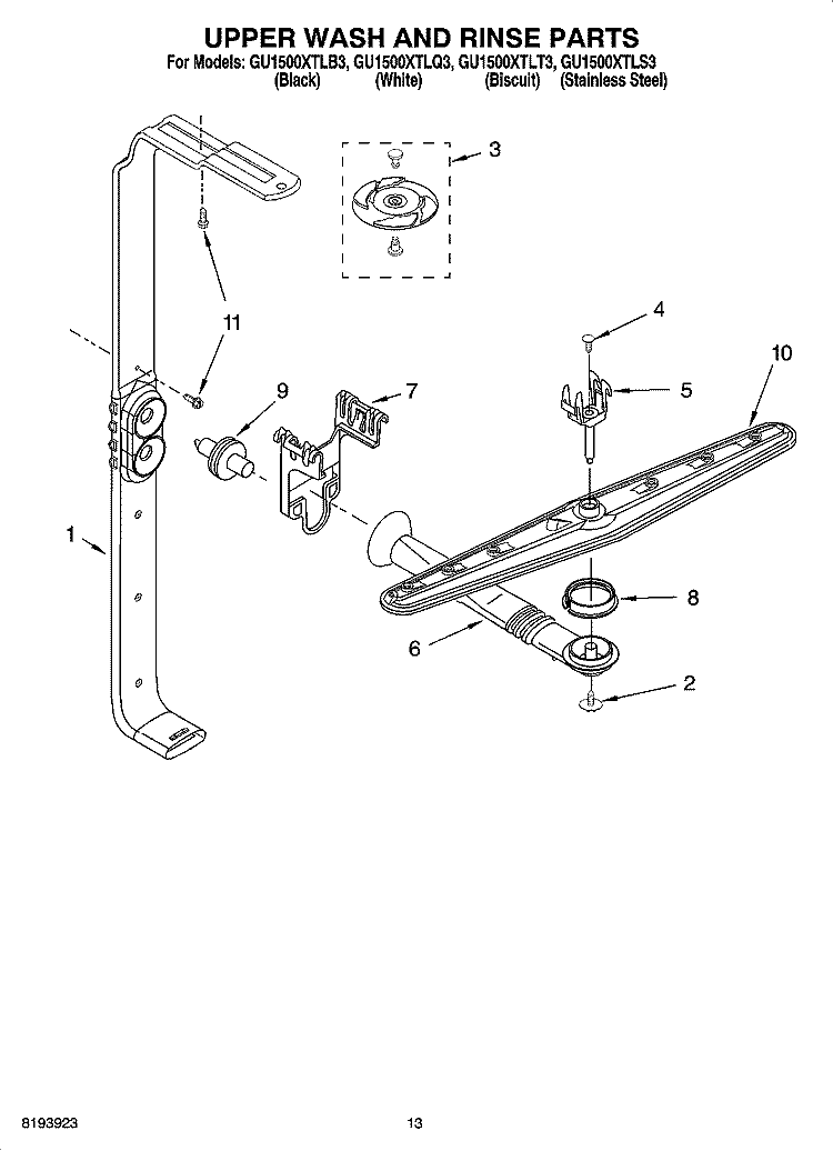 UPPER WASH AND RINSE PARTS Diagram and Parts List for GU1500XTLQ3  Whirlpool Dishwasher