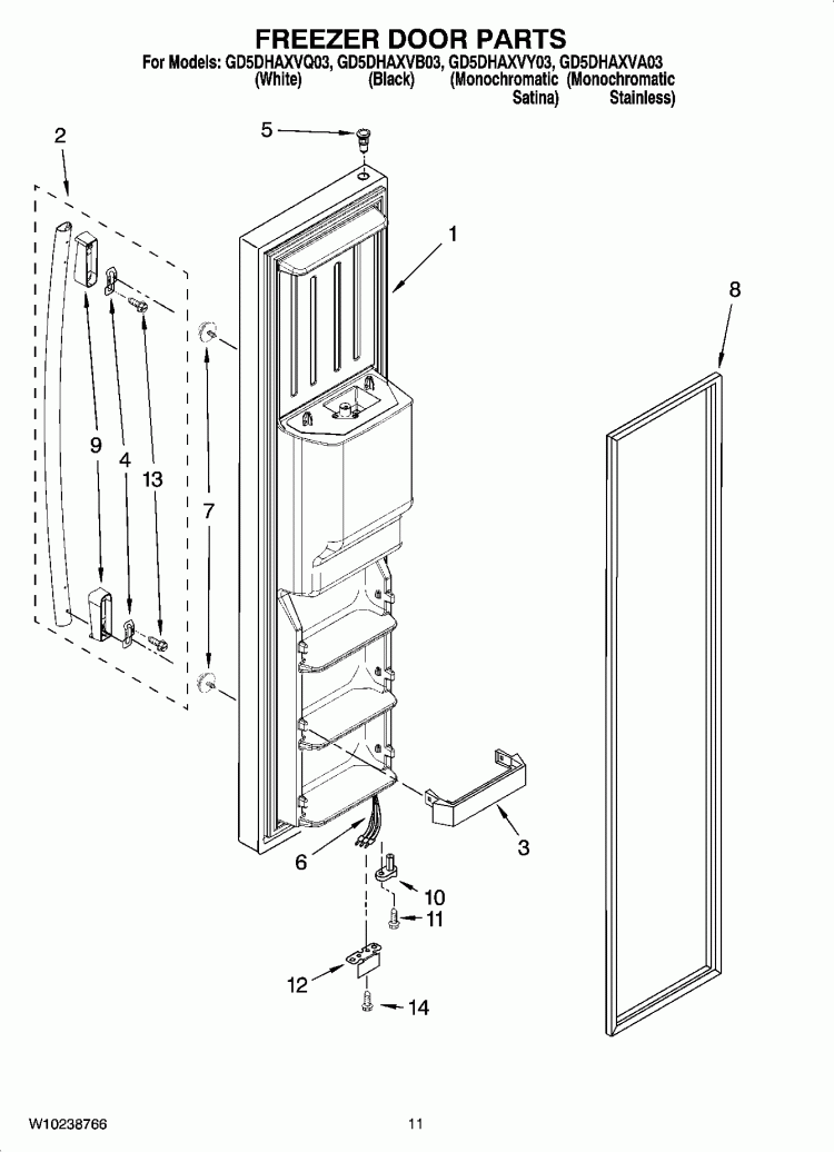 FREEZER DOOR PARTS Diagram and Parts List for GD5DHAXVB03  Whirlpool Refrigerator