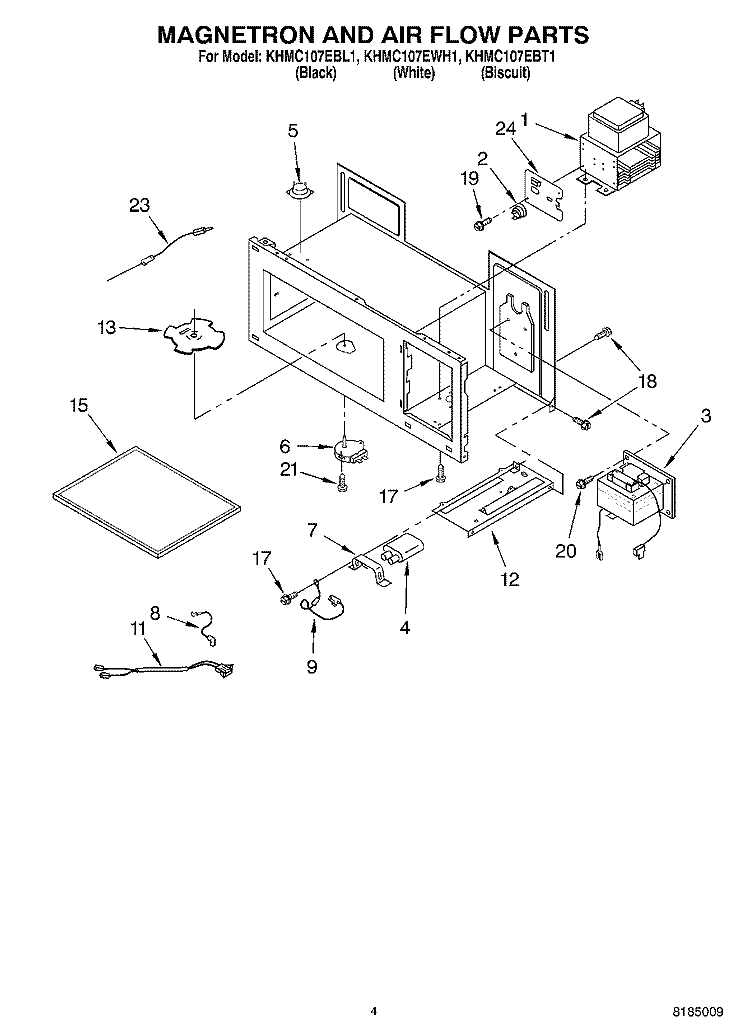 MAGNETRON AND AIR FLOW PARTS Diagram and Parts List for KHMC107EBL1  KitchenAid Microwave