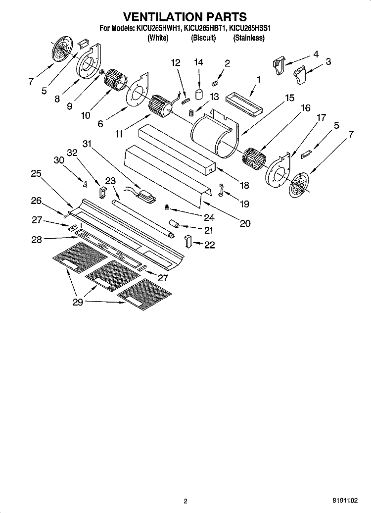 VENTILATION PARTS Diagram and Parts List for KICU265HBT1  KitchenAid Range Hood