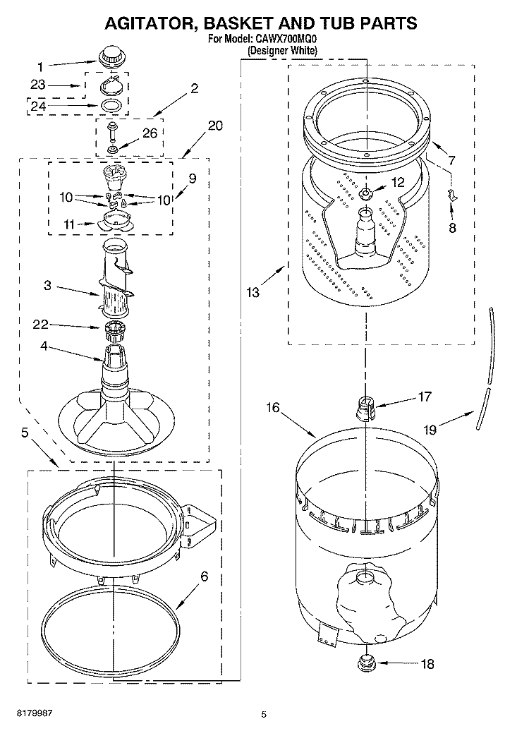 AGITATOR, BASKET AND TUB PARTS Diagram and Parts List for CAWX700MQ0  Crosley Washer