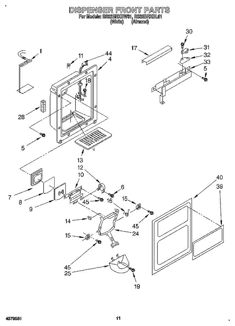 DISPENSER FRONT Diagram and Parts List for RS22BRXBL01  Roper Refrigerator