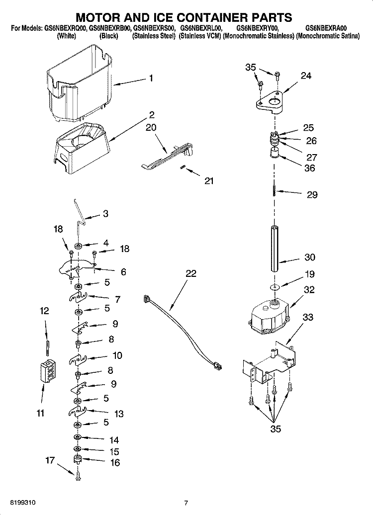 MOTOR AND ICE CONTAINER PARTS Diagram and Parts List for GS6NBEXRY00  Whirlpool Refrigerator