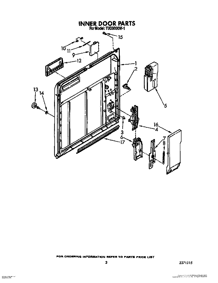 INNER DOOR Diagram and Parts List for TUD3000W1  Whirlpool Dishwasher