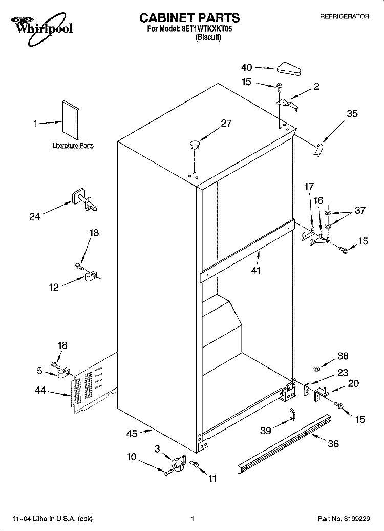 CABINET PARTS Diagram and Parts List for 8ET1WTKXKT05  Whirlpool Refrigerator