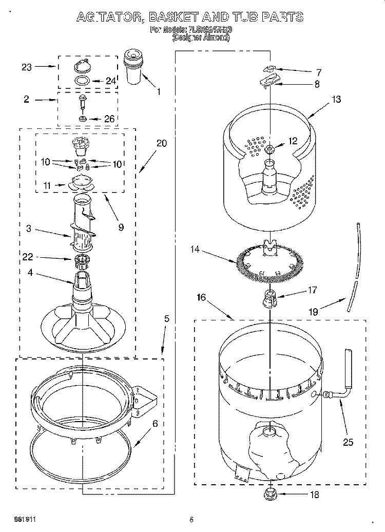 AGITATOR, BASKET AND TUB Diagram and Parts List for 7LSR9245HZ0  Whirlpool Washer