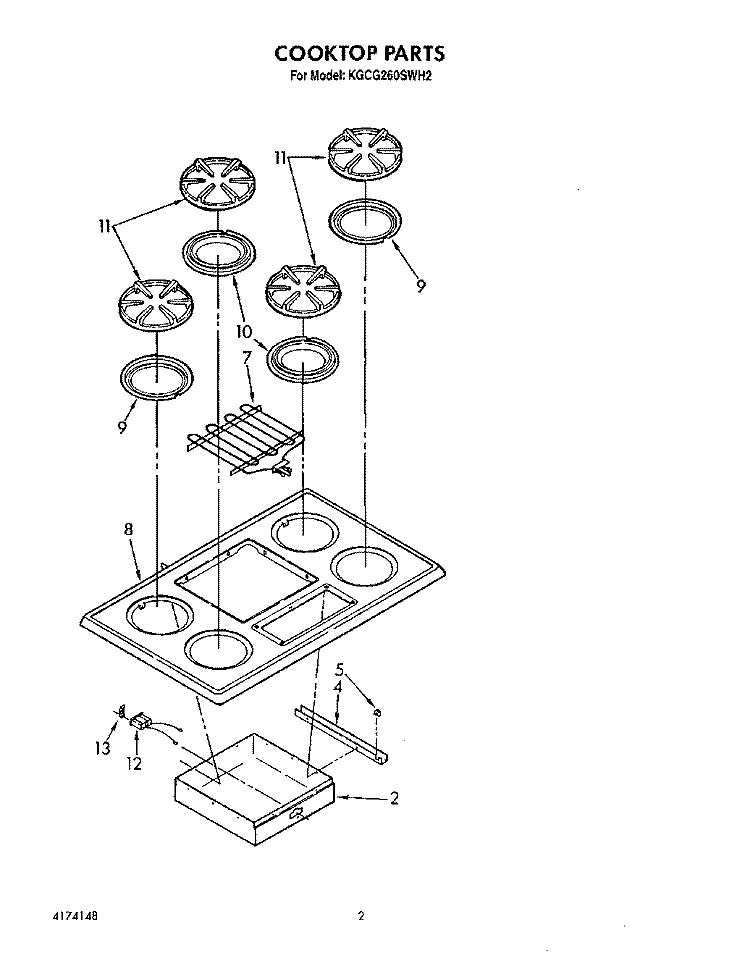 COOKTOP, LITERATURE Diagram and Parts List for KGCG260SAL2  KitchenAid Cooktop