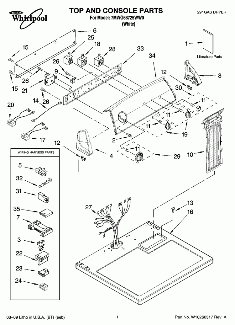 TOP AND CONSOLE PARTS Diagram and Parts List for 7MWG66725WW0  Whirlpool Dryer