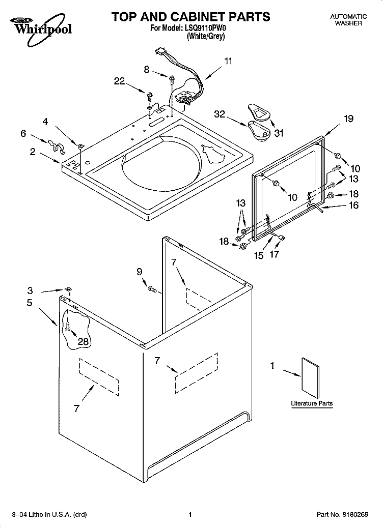 TOP AND CABINET PARTS Diagram and Parts List for LSQ9110PW0  Whirlpool Washer