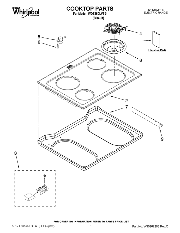 COOKTOP PARTS Diagram and Parts List for WDE150LVT01  Whirlpool Range