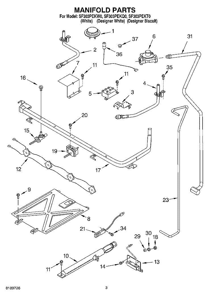 MANIFOLD Diagram and Parts List for SF303PEKT0  Whirlpool Range